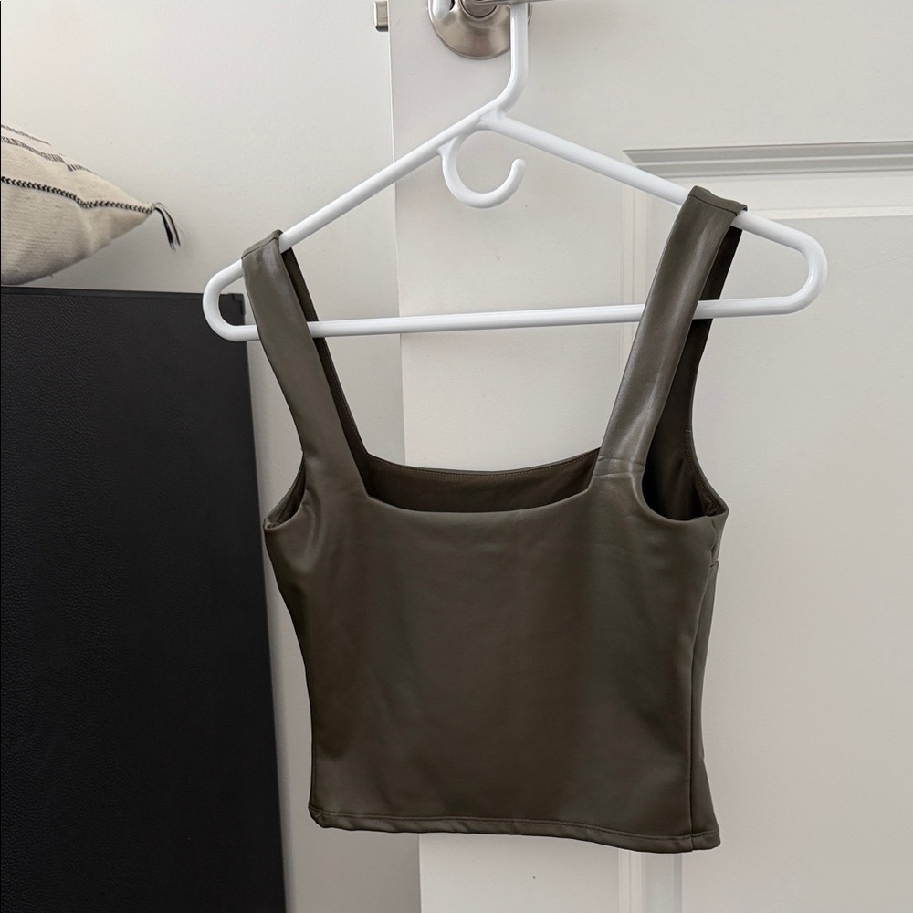 Express Olive Green Faux Leather Crop Top - Picture 2 of 3
